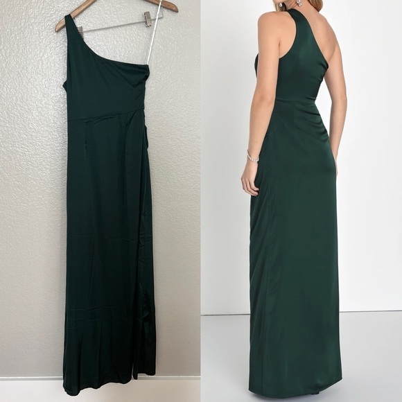 NWOT Dreaming of Elegance Emerald Satin One-Shoulder Maxi Dress - Picture 3 of 9